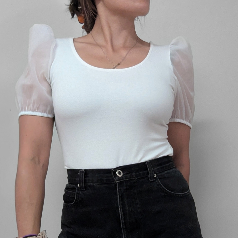 Just Fab White Puff-Sleeve Bodysuit